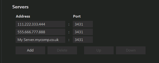 Picture showing Servers list with multiple App Server connection details in Windows Desktop Client.